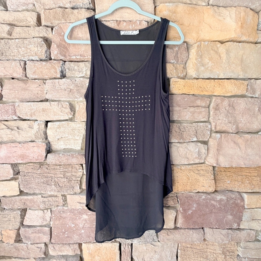 Chloe K Womens Medium Black Studded Cross High Low Tank Top Sheer Back Moto Goth